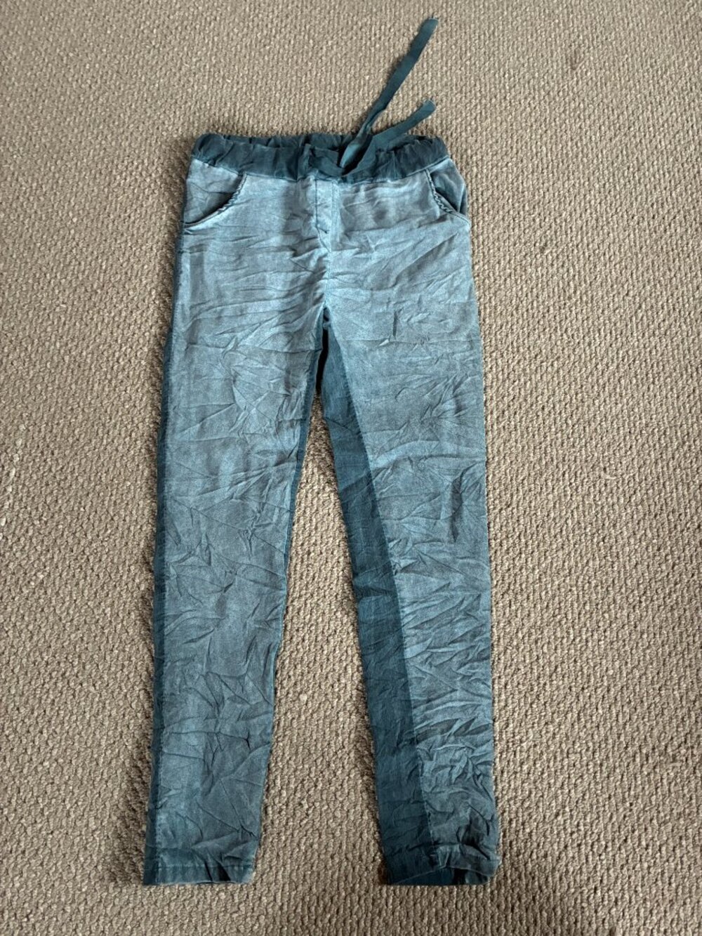 Tina Stephens Made in Italy Sueded Tuxedo Stripe Crinkled Drawstring Pants Small